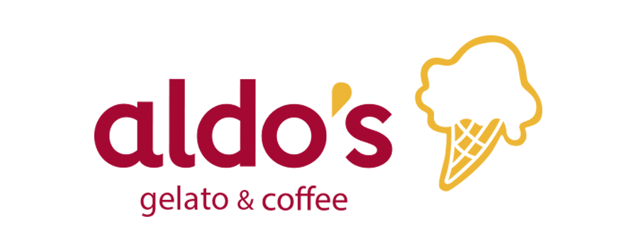 Logotipo de Aldo’s gelato & coffee en color burdeos, con un icono amarillo de un cono de helado sobre fondo blanco