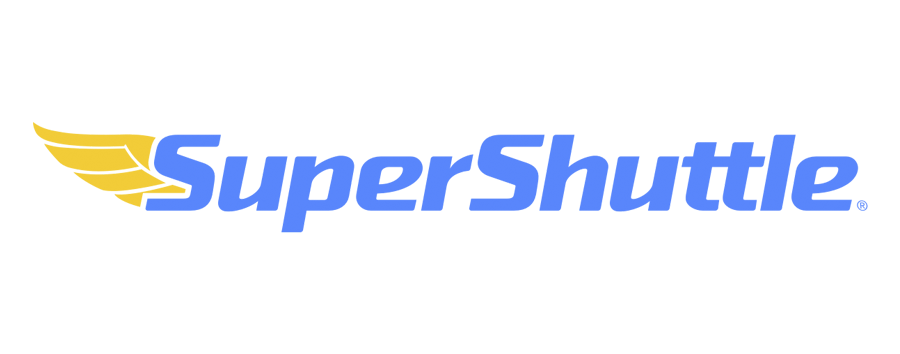 Logotipo de SuperShuttle en azul y amarillo con un icono de alas