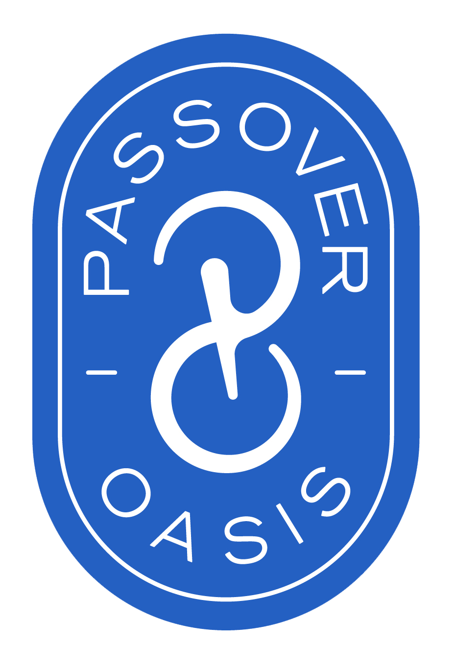 Logotipo ovalado azul con el texto blanco «PASSOVER» y un símbolo blanco de eslabones en el centro.
