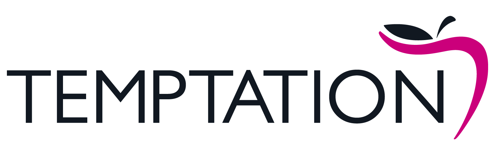 Logotipo de TEMPTATION con texto negro y una hoja o un trazo estilizado de color rosa