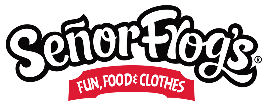 Logotipo de Señor Frogs con texto blanco y una pancarta roja que dice «Diversión, comida y ropa»
