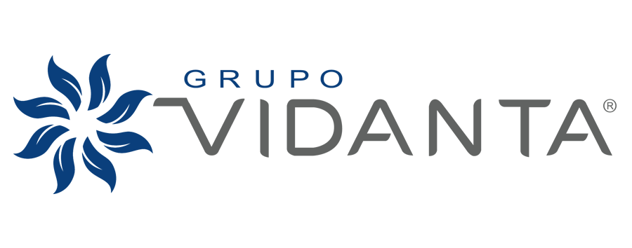 Logotipo de Grupo Vidanta con emblema de flor azul y texto gris sobre fondo blanco