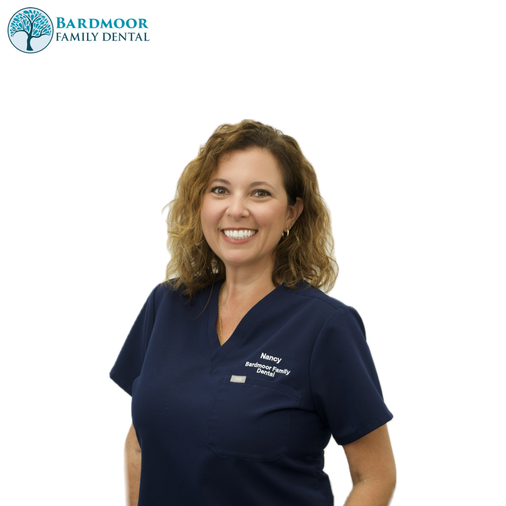 Smiling dental staff member in navy scrubs with Bardmoor Family Dental logo on a white background