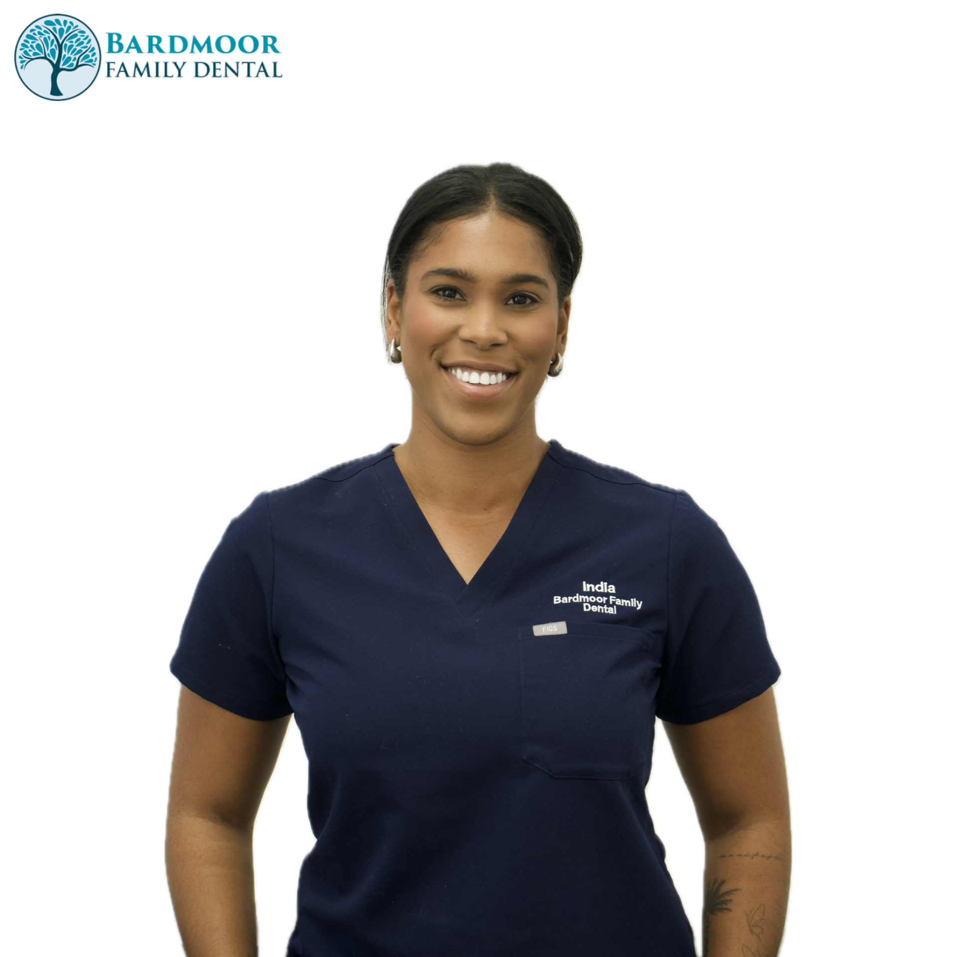 Bardmoor Family Dental staff member in navy scrubs smiling against a white background