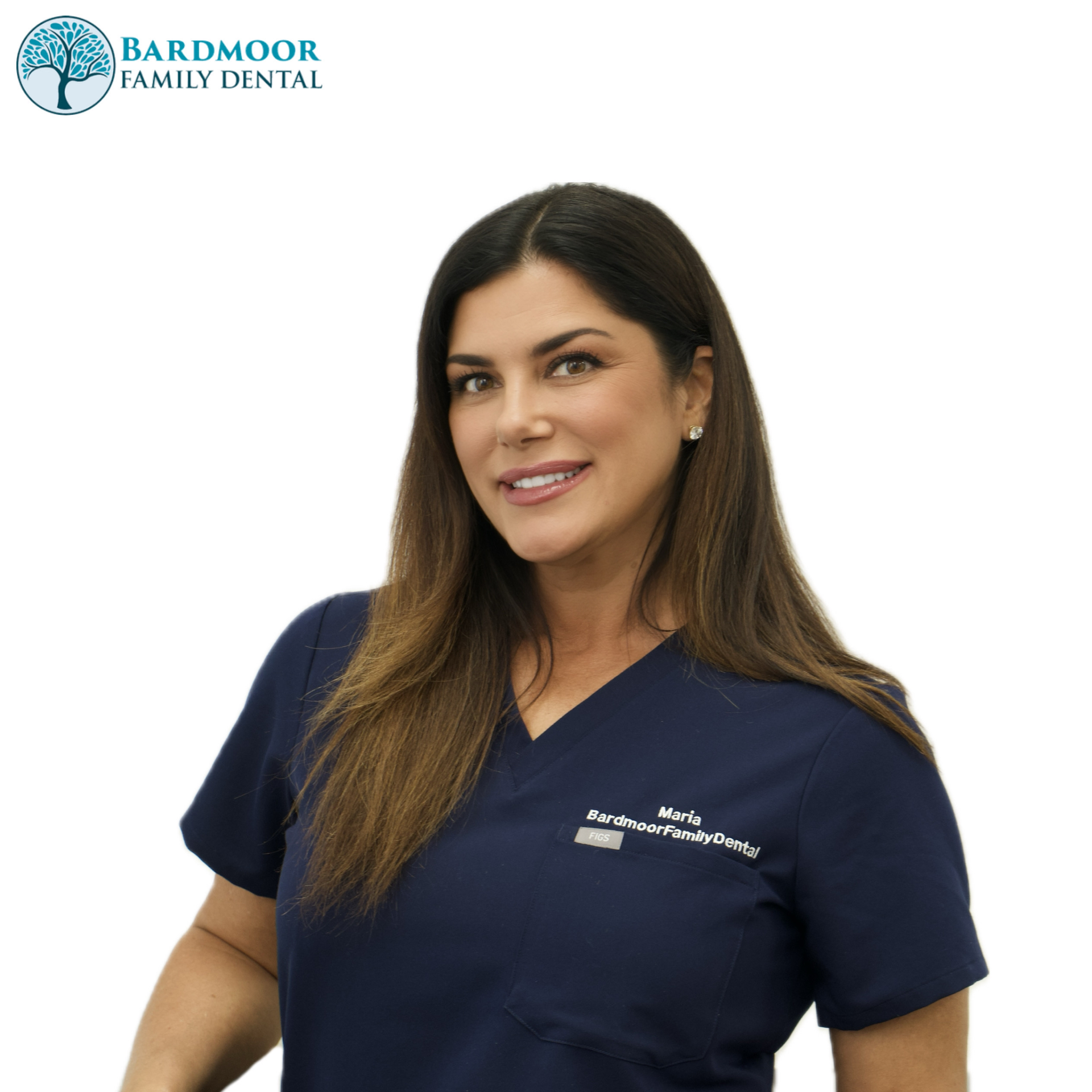 Smiling dental staff member in navy scrubs beside Bardmoor Family Dental logo