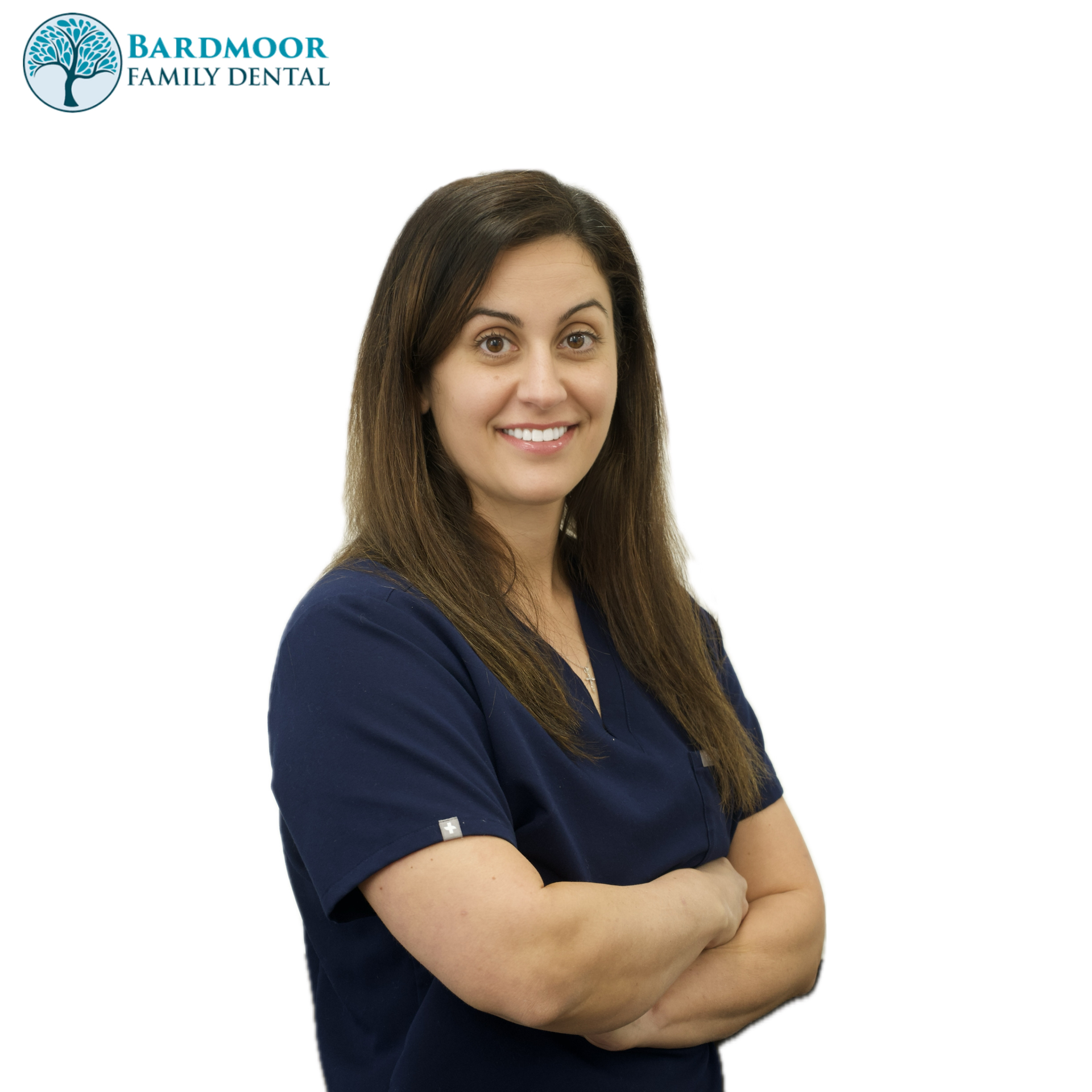 Portrait of a smiling dental staff member in navy scrubs against a white background, with Bardmoor Family Dental logo