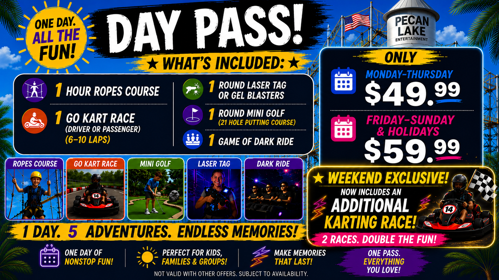 Amusement park day pass ad with colorful rides, pricing, and “5 adventures, endless memories” text
