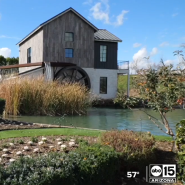 Modern house beside a pond with a large water wheel and landscaped greenery under a blue sky