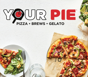 Your Pie pizza, brews, and gelato logo with pizza slices on plates and a wooden board