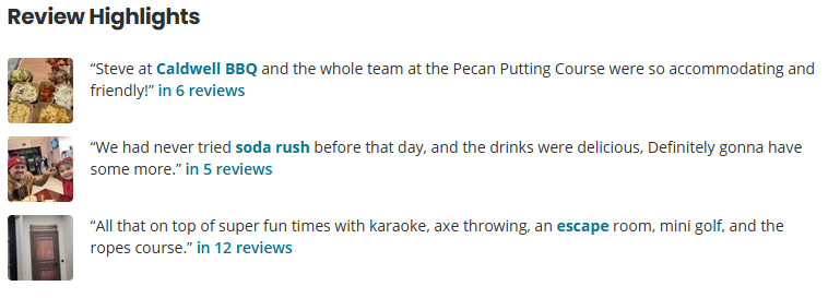 Review highlights screenshot with three customer comments and star ratings about Caledon BBQ and Peach Painting Course
