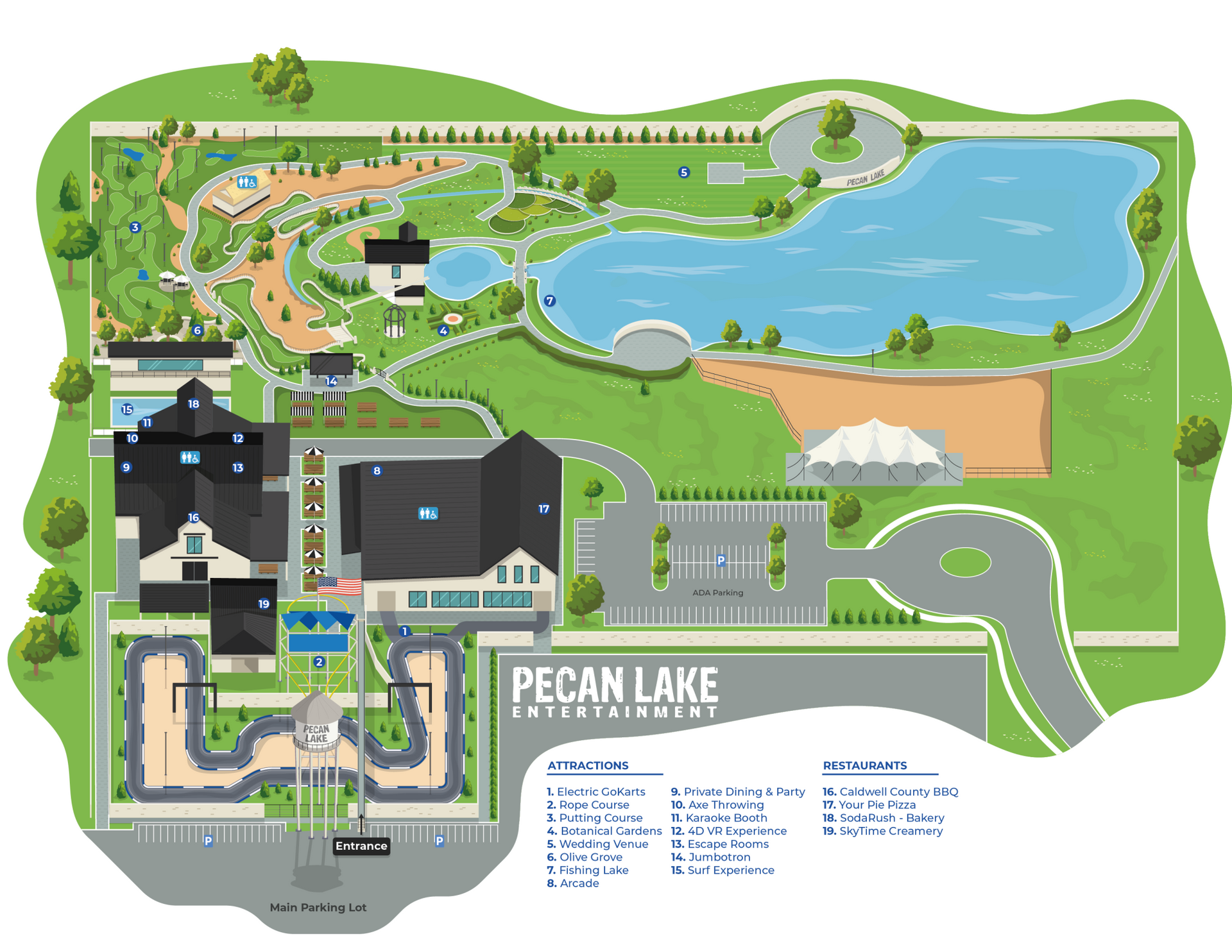 Illustrated map of Pecan Lake with buildings, roads, parking, and a large blue lake.