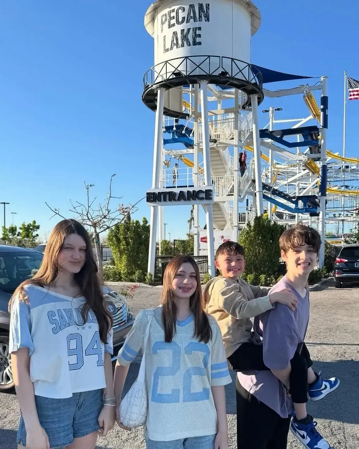 Kids at the Pecan Lake entrance water tower, a family attraction in Arizona near Gilbert