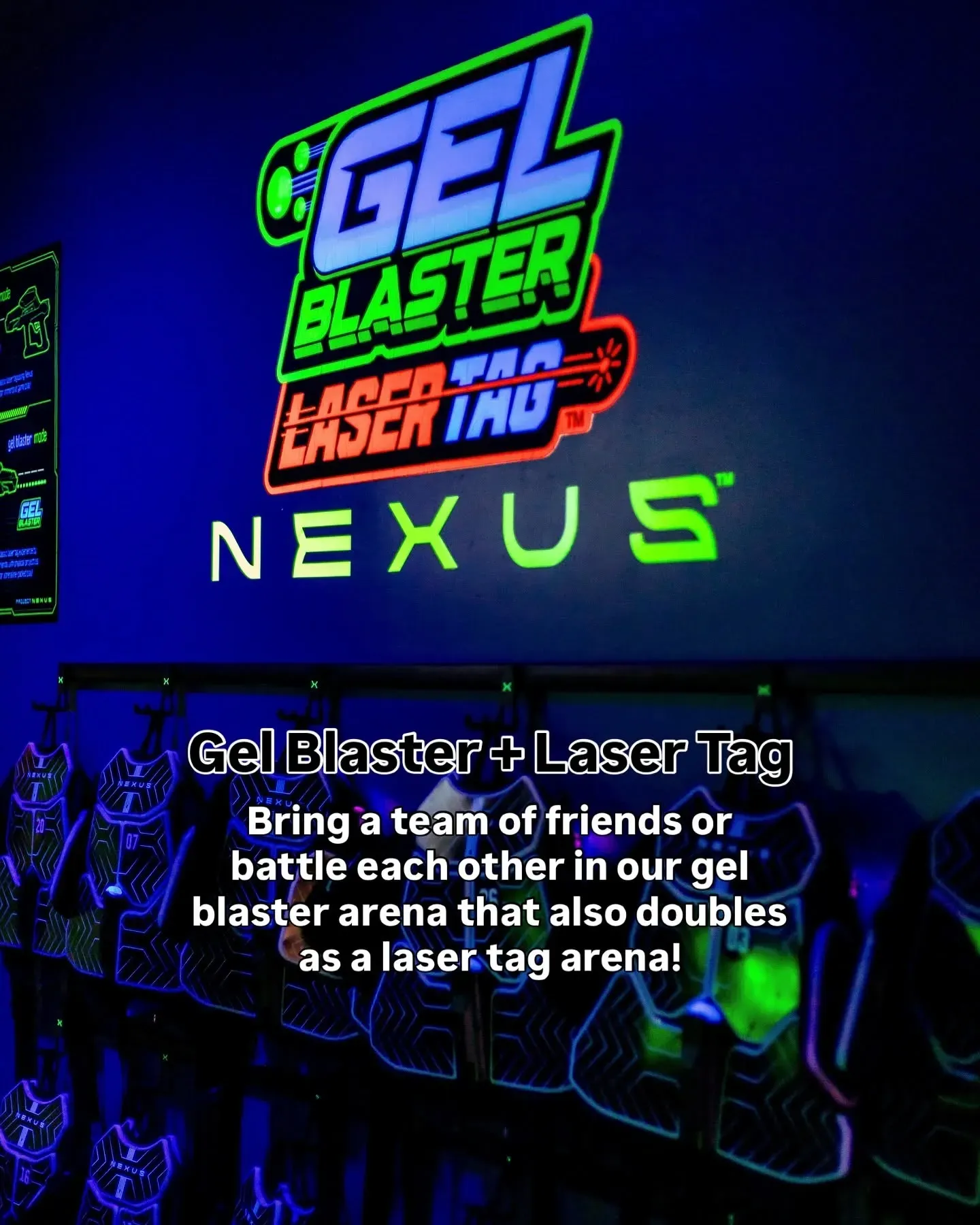 Neon sign for Gel Blaster Laser Tag Nexus in blue and green with event promo text