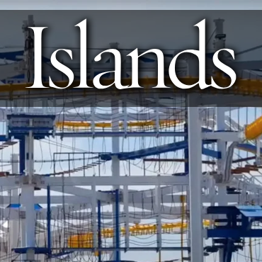 “Islands” title over a construction site with scaffolding and blue structural beams