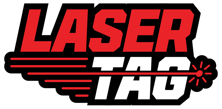 LASER TAG logo in bold red and white with black outline and target icon