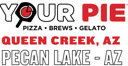 Your Pie Pizza, Brews & Gelato logo with Queen Creek, AZ and Pecan Lake, AZ locations in red and black