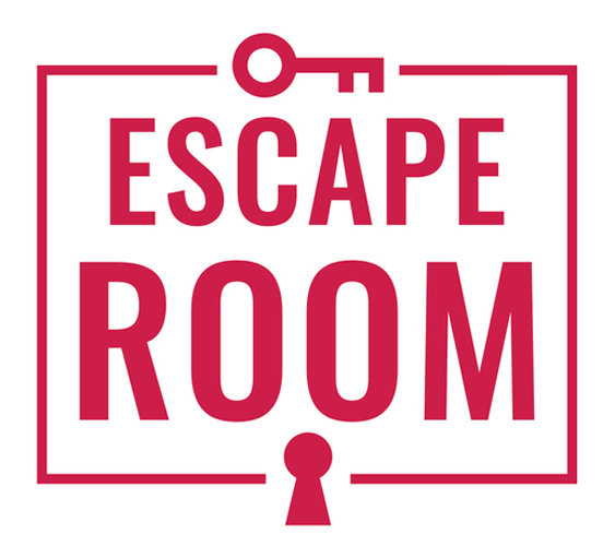 Red escape room logo with a keyhole and border on white background