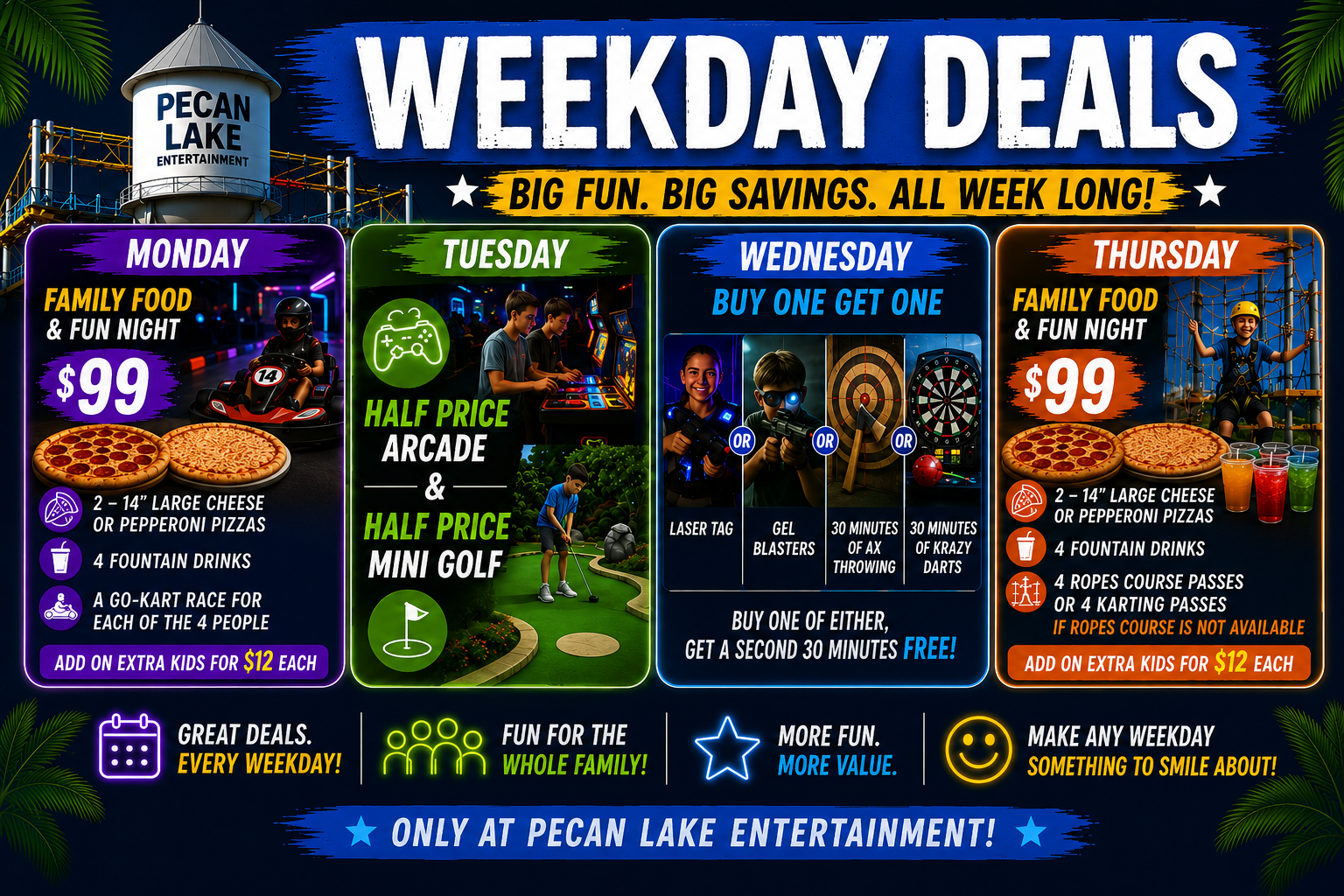 Weekday deals promo for Big Fun, Big Savings at Pecan Lake, with daily discount panels and attractions.