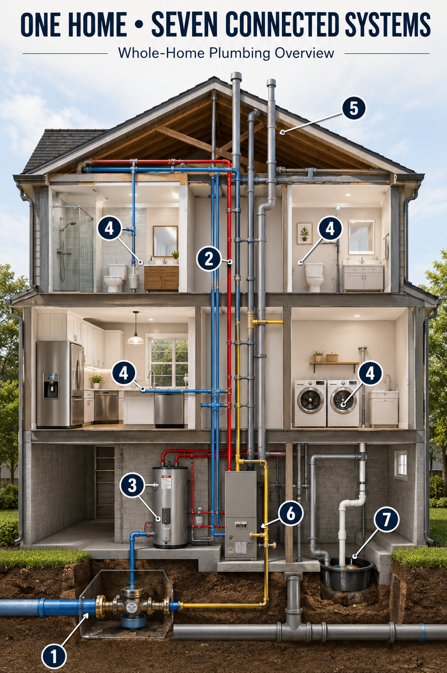 Seven connected home plumbing systems illustration