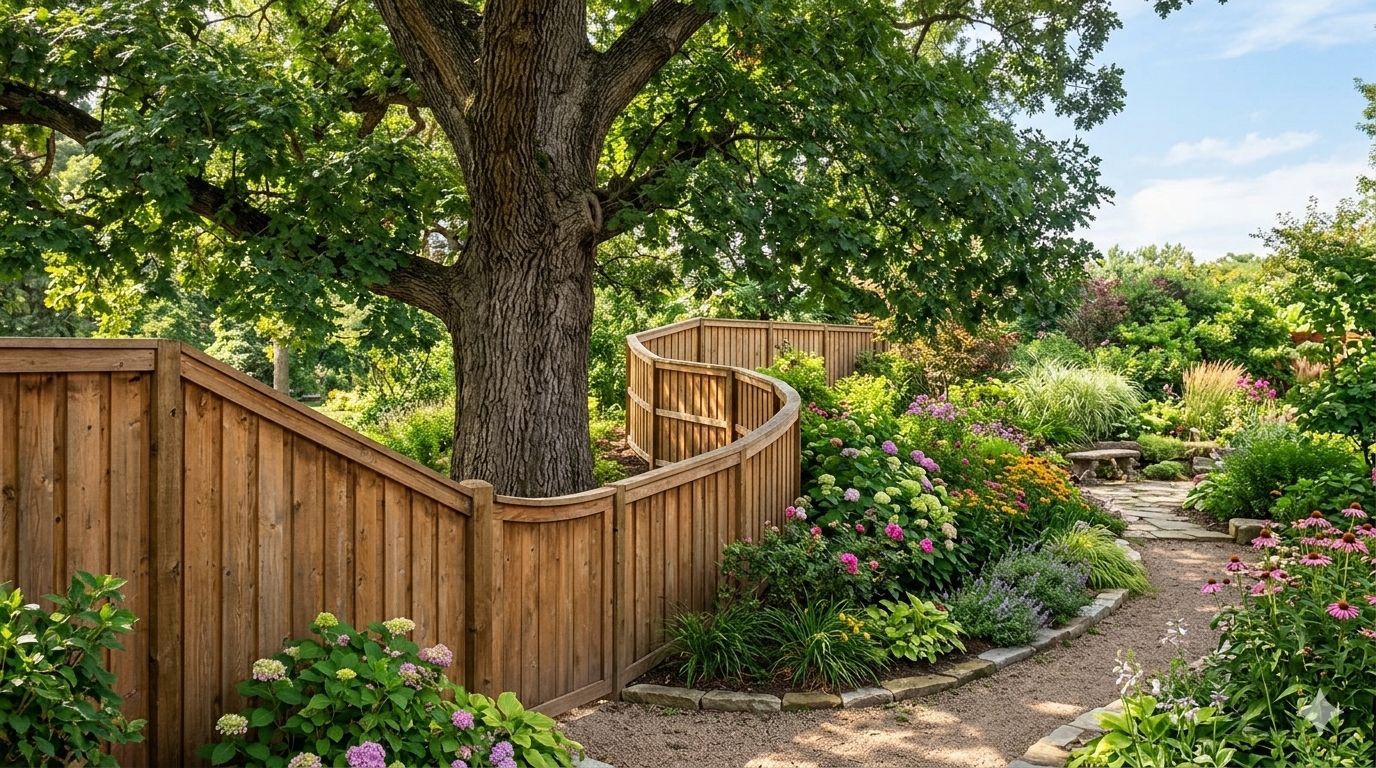 A wooden privacy fence curving cleanly around a large tree trunk next to a lush garden path
