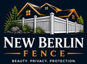 New Berlin Fence Logo with White Fence, House Graphic, Landscaping, Tagline, and Company Name in New Berlin, WI