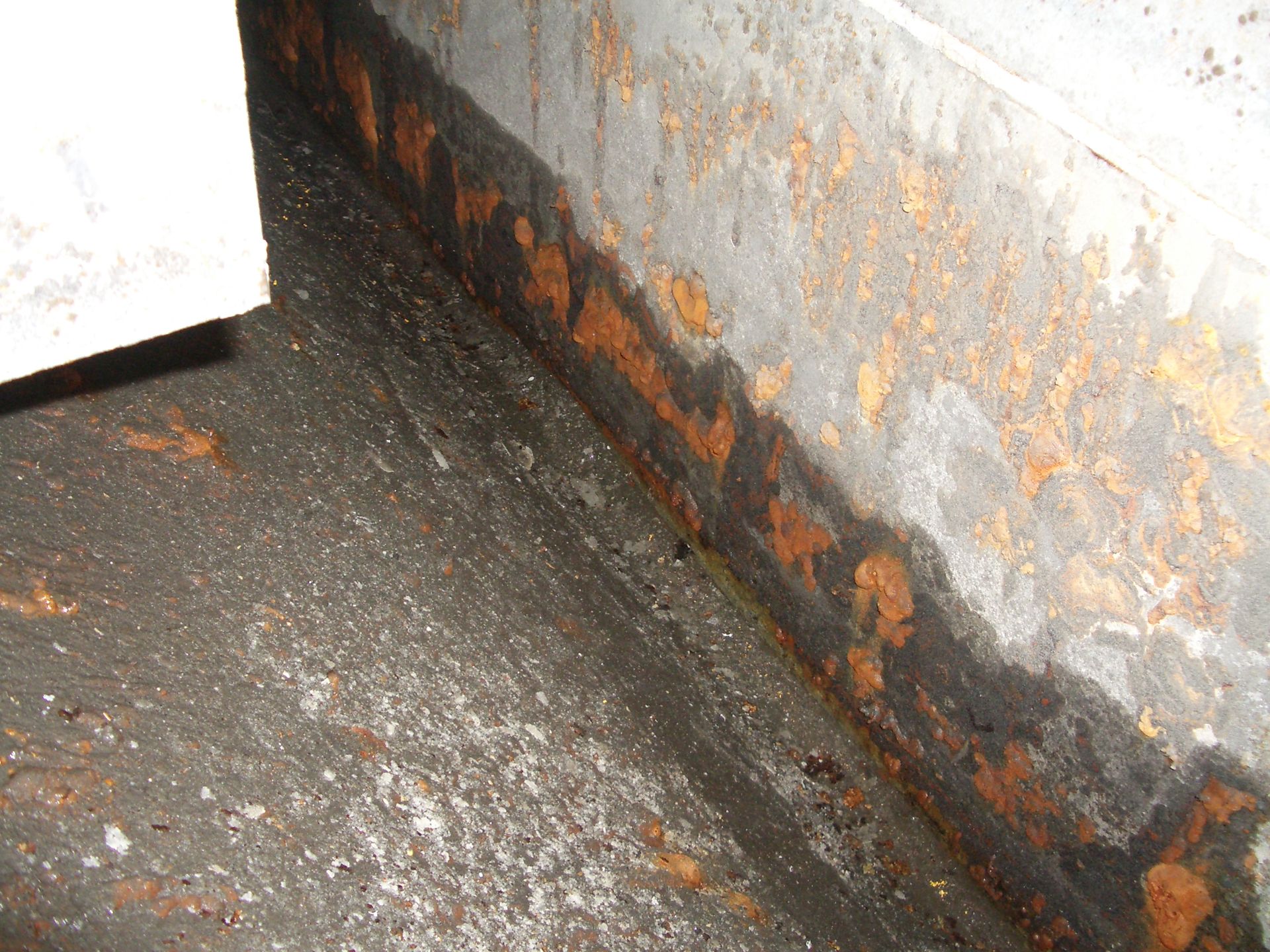 Rusty, mold-stained wall corner with peeling paint and a dirty floor close-up