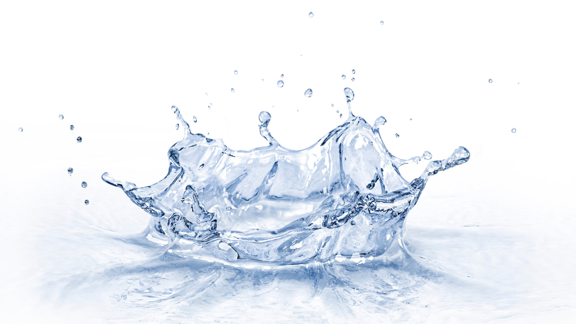 Clear water splash on a white background, frozen midair in a crown-like shape.