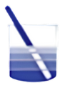 A glass of liquid with horizontal blue layers being stirred by a diagonal stick.