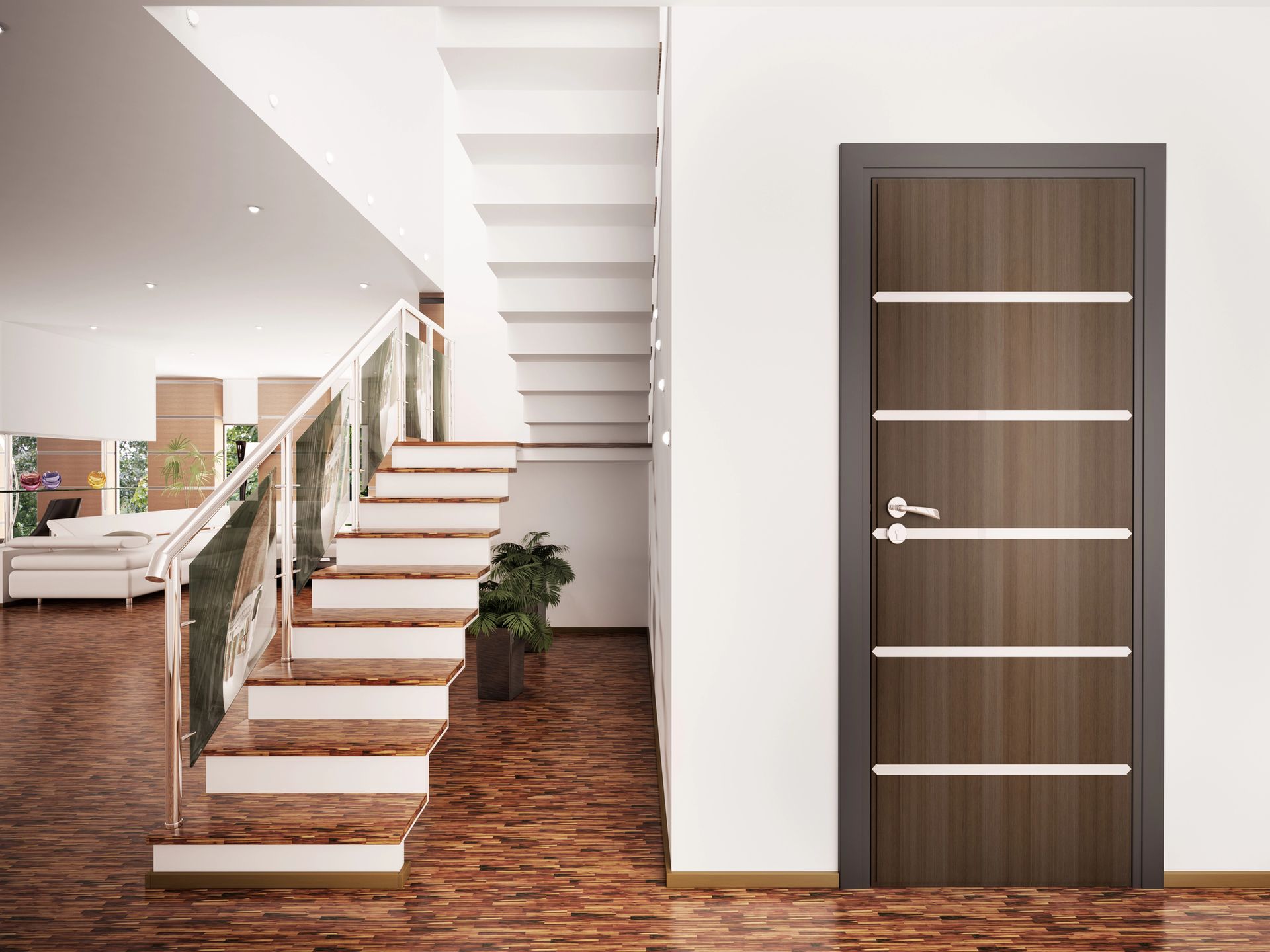Modern interior with a sleek, open staircase and a closed, wooden door.