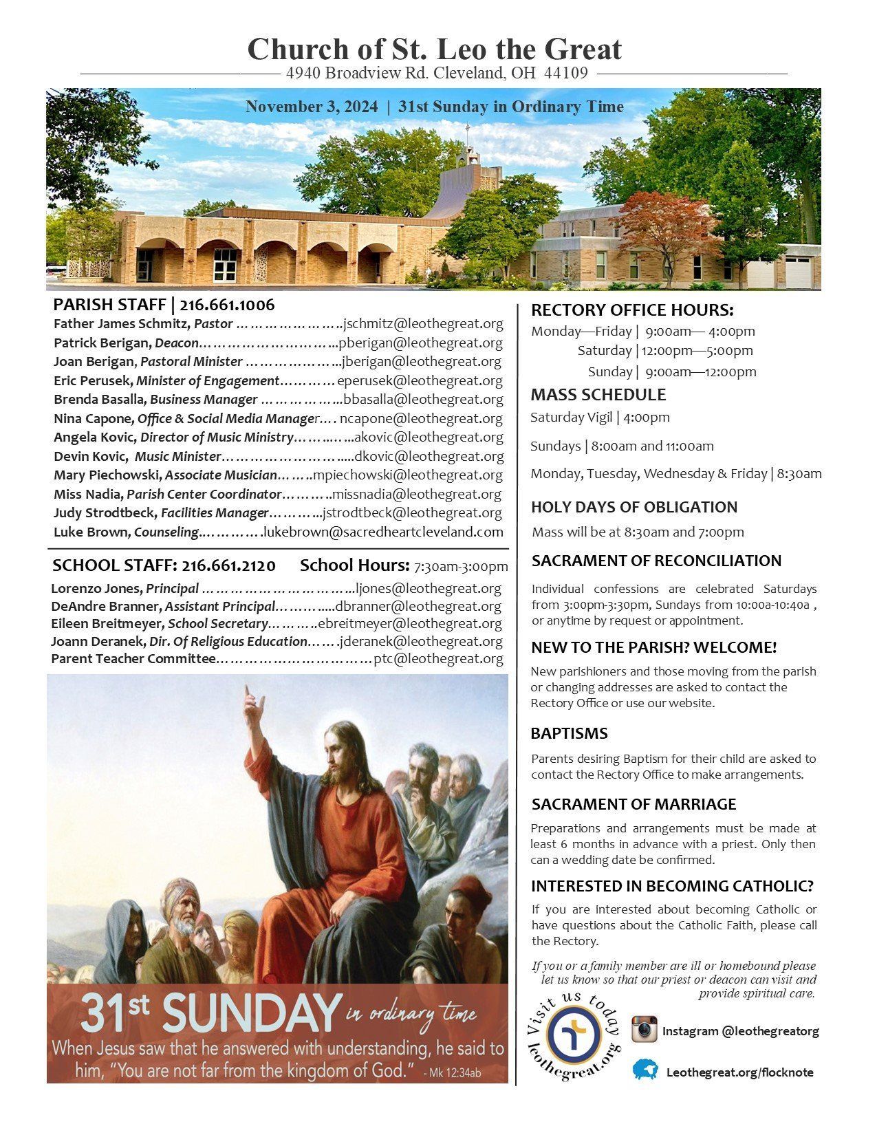 A bulletin for the church of st. leo the great shows a picture of jesus and a group of disciples.