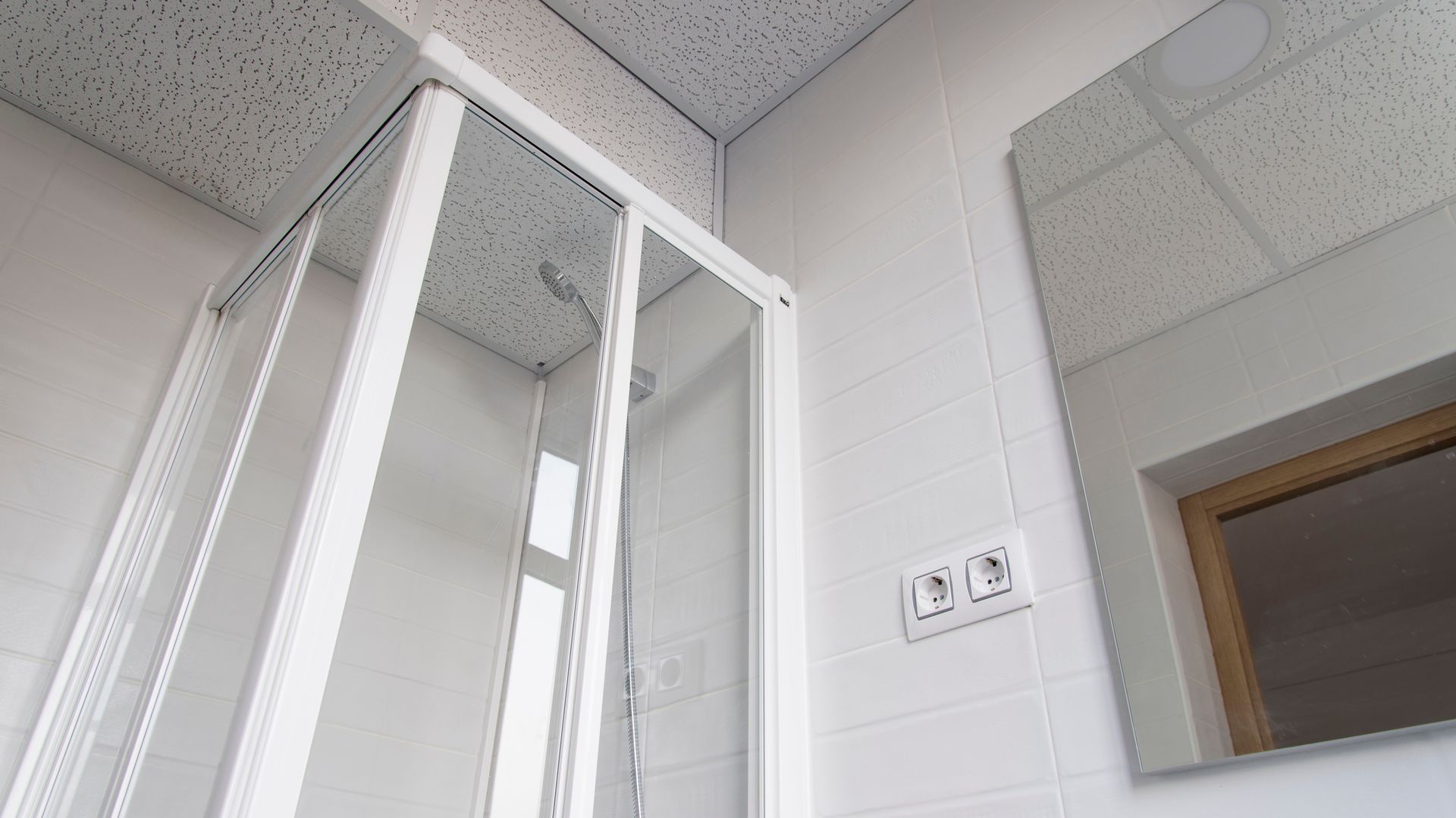 A bathroom with a shower stall and a mirror.