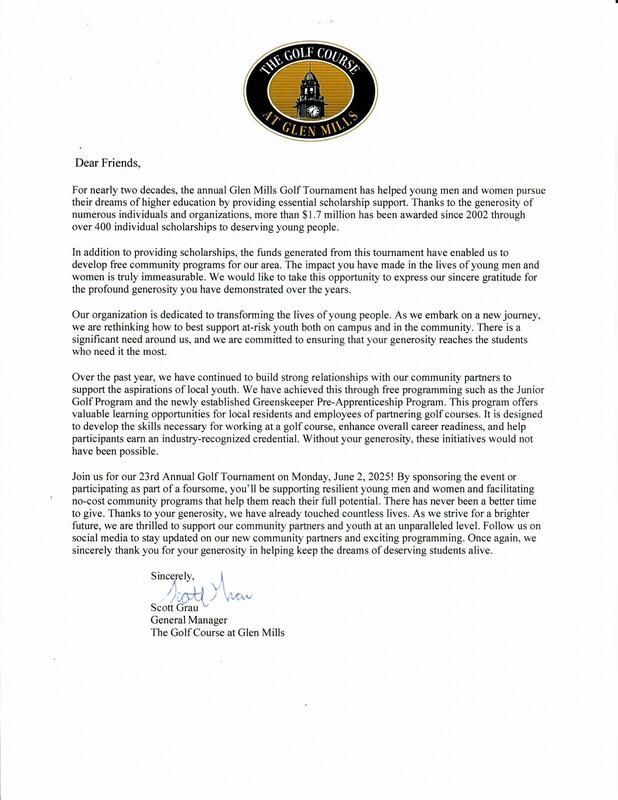 A letter from The Golf Course at Glen Mills inviting the community to support their 23rd annual charity golf tournament.