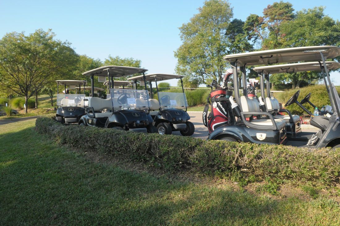 A row of golf carts parked on a paved path lined with a manicured hedge on a sunny day at a golf course.