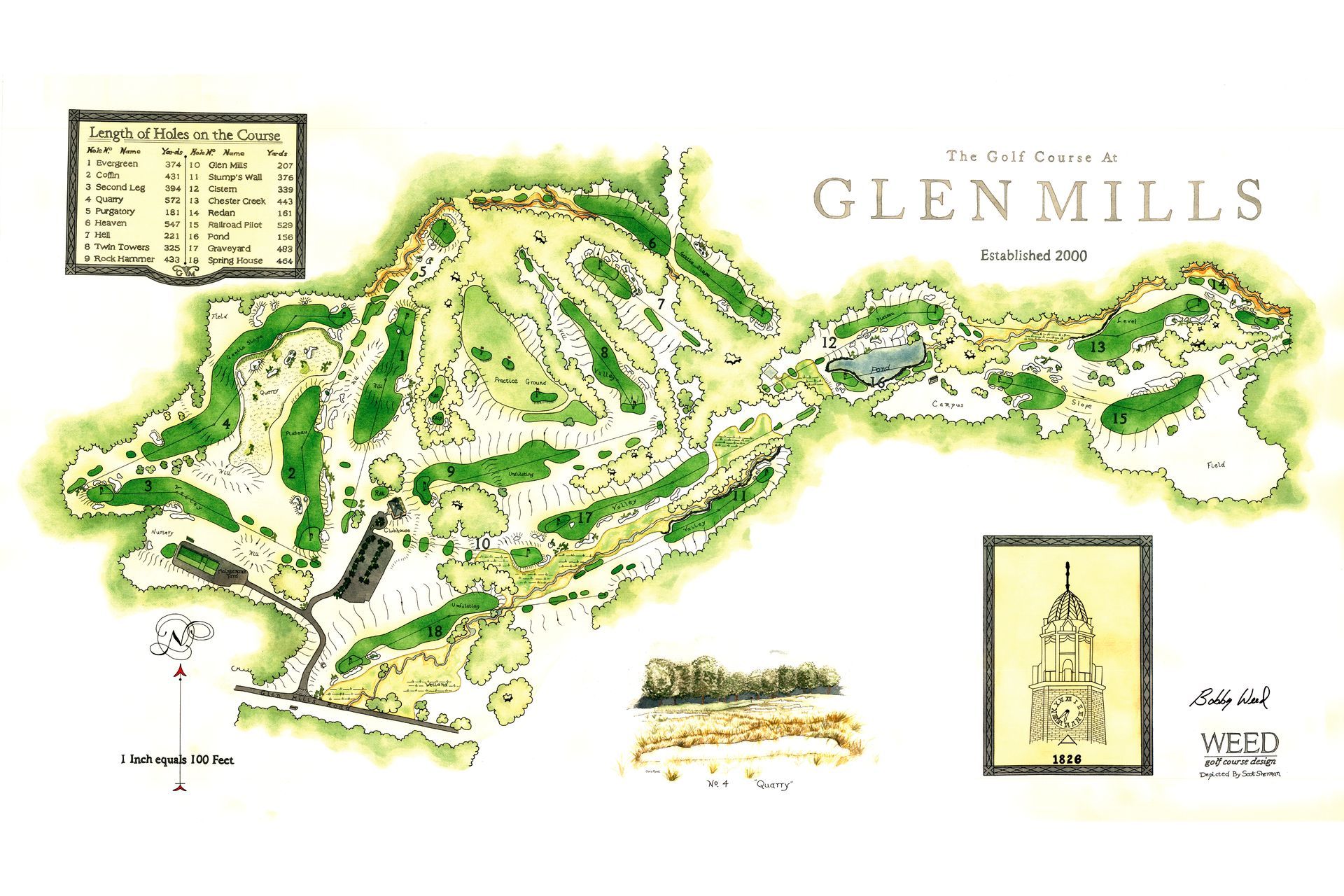 A watercolor course map of the Glen Mills Golf Club, featuring hole numbers, a scorecard, and a site-specific illustration.