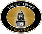 Logo for The Golf Course at Glen Mills featuring a clock tower illustration on a gold oval background.