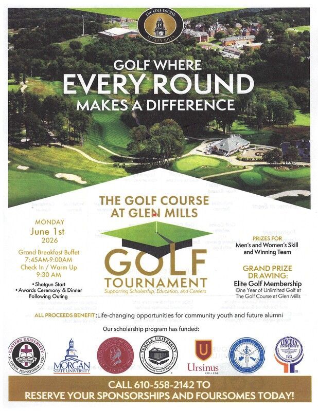 Flyer for a golf tournament at Glen Mills on June 1st, featuring event details and scholarship program sponsor logos.