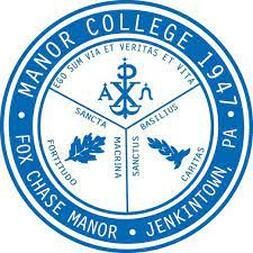 The blue and white seal of Manor College, featuring a central emblem, Latin text, and founding year, 1947.