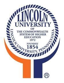 Logo for Lincoln University in Pennsylvania, featuring a central seal with "Founded 1854" and a split orange-blue base.