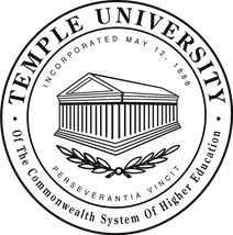 The circular seal of Temple University featuring a classical building, laurel leaves, and the Latin motto