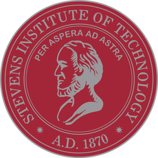 Circular seal of Stevens Institute of Technology in red and gray, featuring a profile bust and the Latin motto.