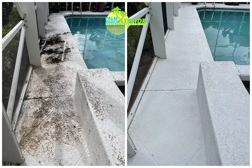 A before and after photo of a concrete deck next to a pool.