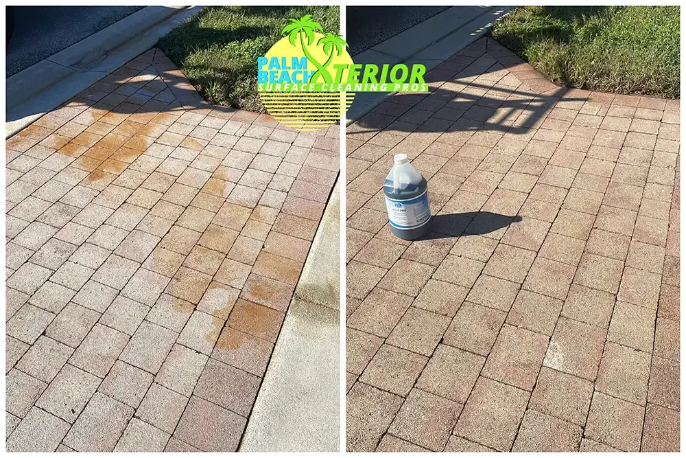 A before and after picture of a brick walkway being cleaned.