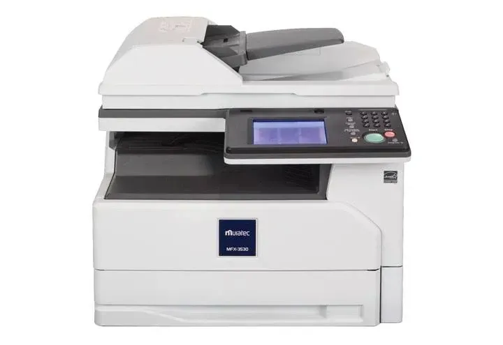 A white printer with a screen on top of it on a white background.