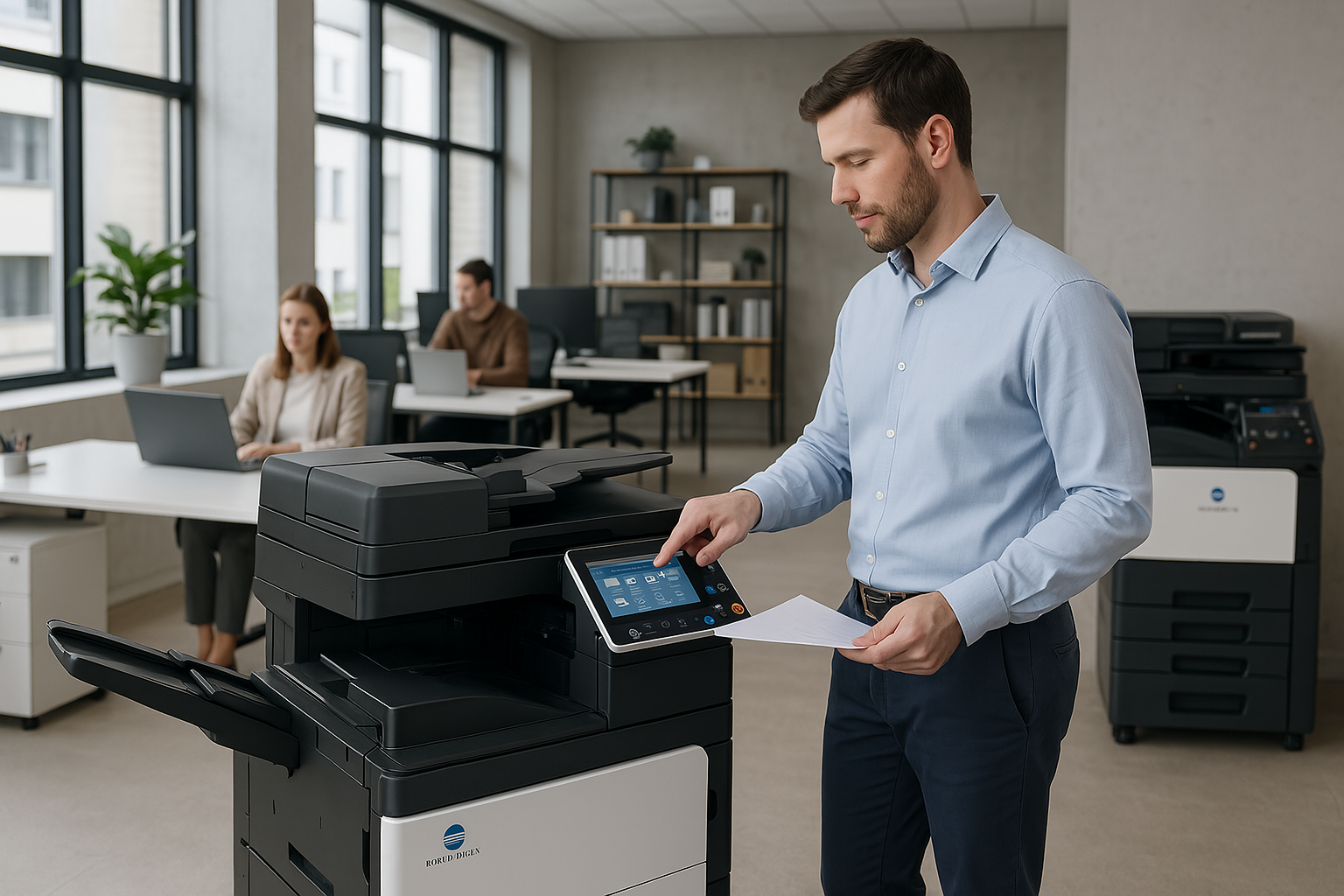 A man is standing in front of a printer in an office.
