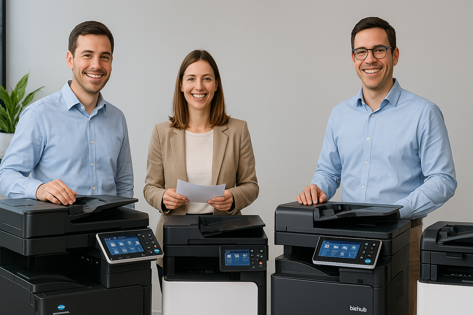 Three people are standing next to each other in front of printers.