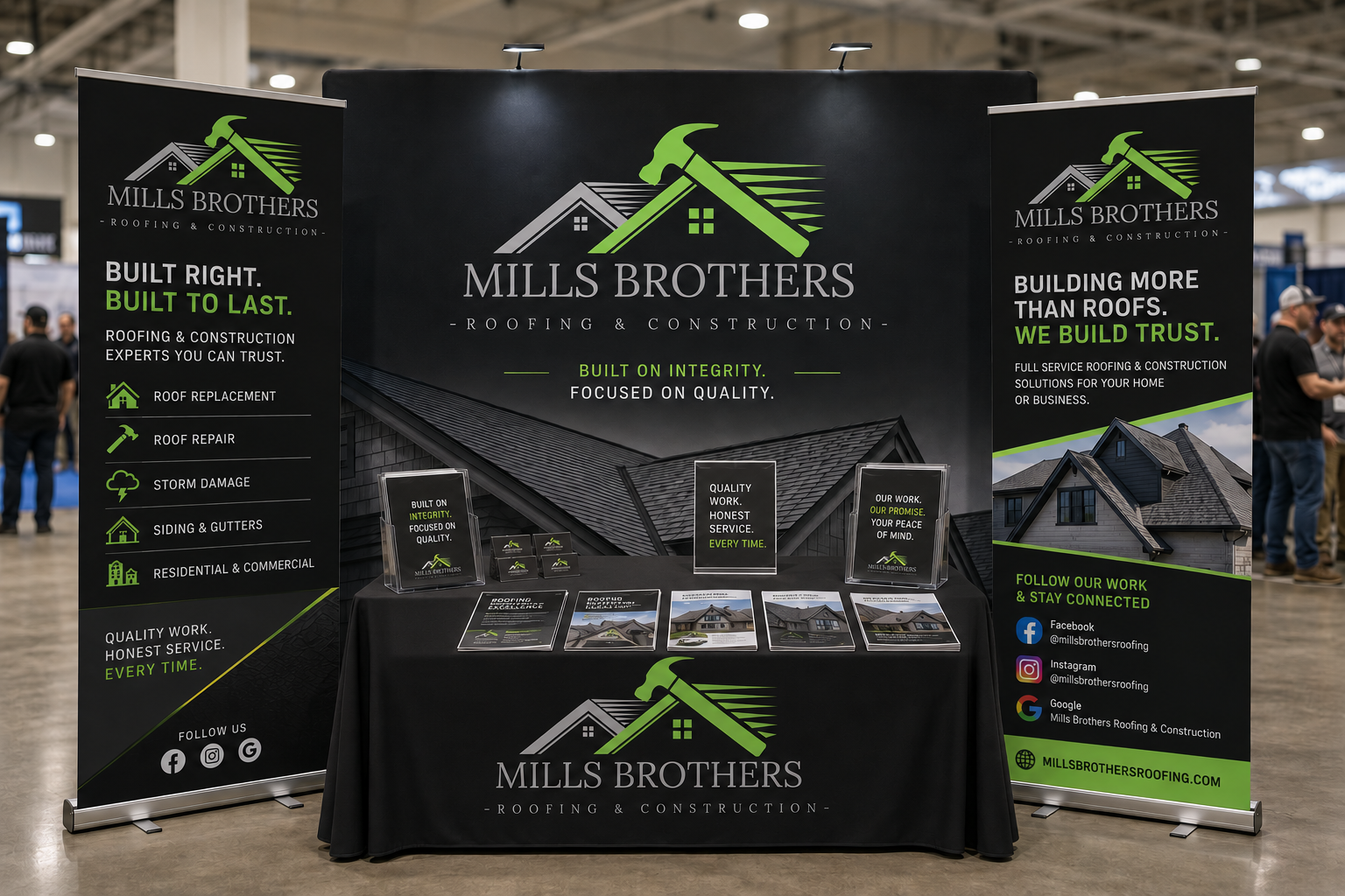 Mills Brothers Roofing & Construction trade show booth with roofing service banners and estimates signs.
