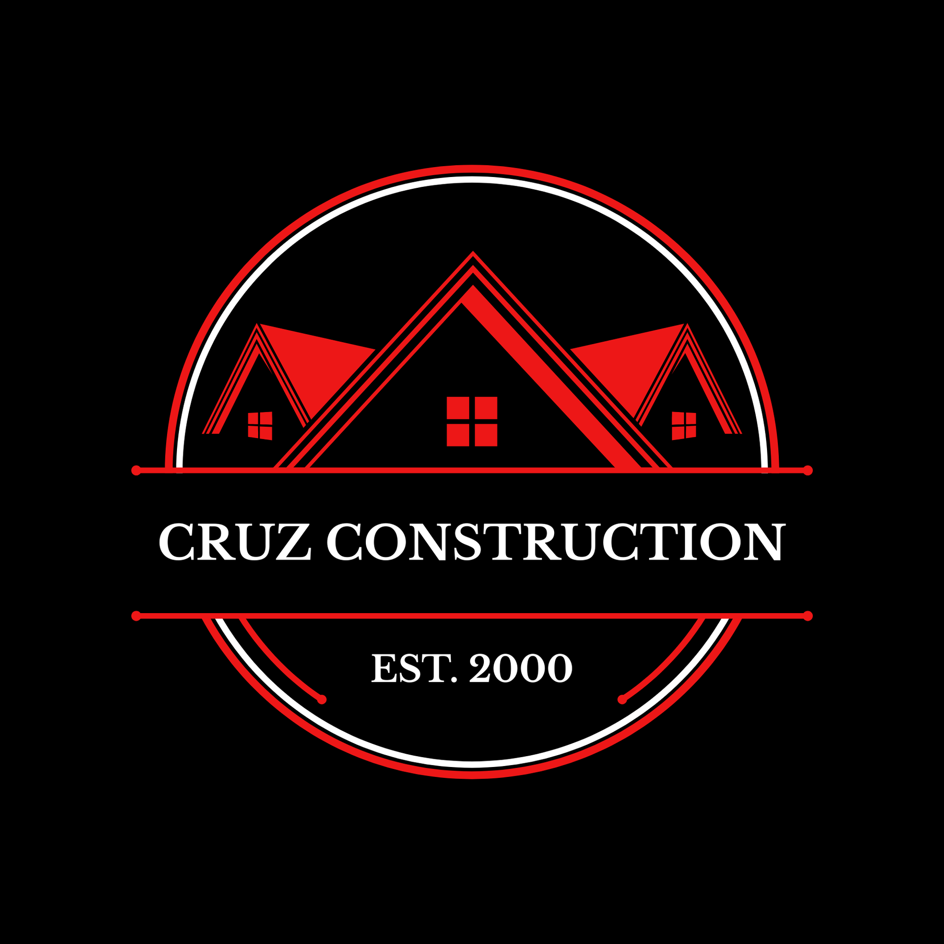 CRUZ Construction logo with red roof graphic and black circular emblem, EST. 2000.