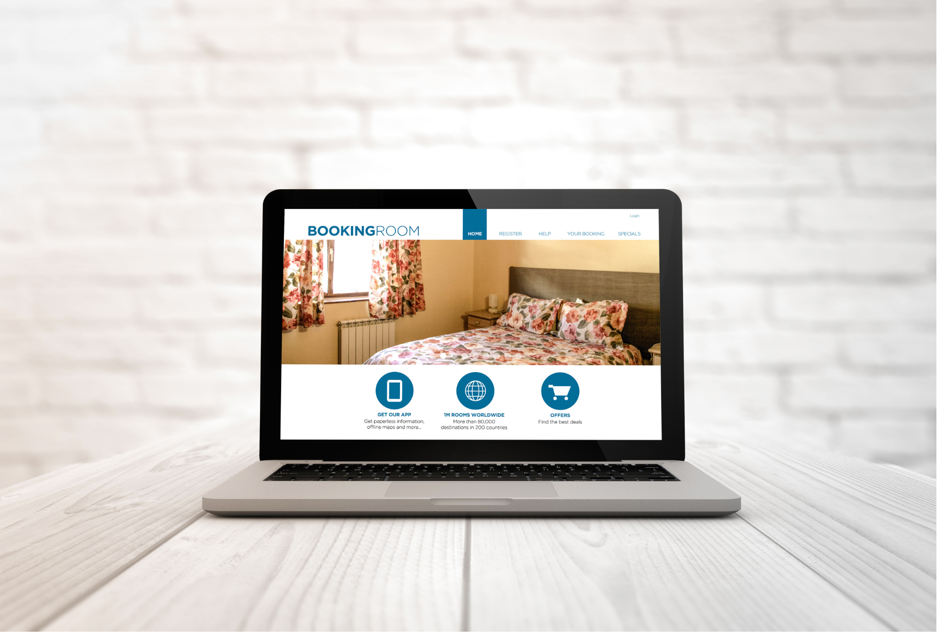 Laptop on a white desk displaying a website with a bedroom and blue icons