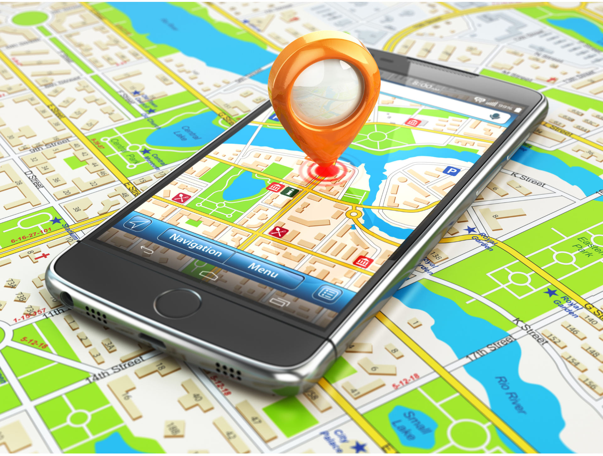 Smartphone with orange location pin on a colorful map, showing navigation and location tracking
