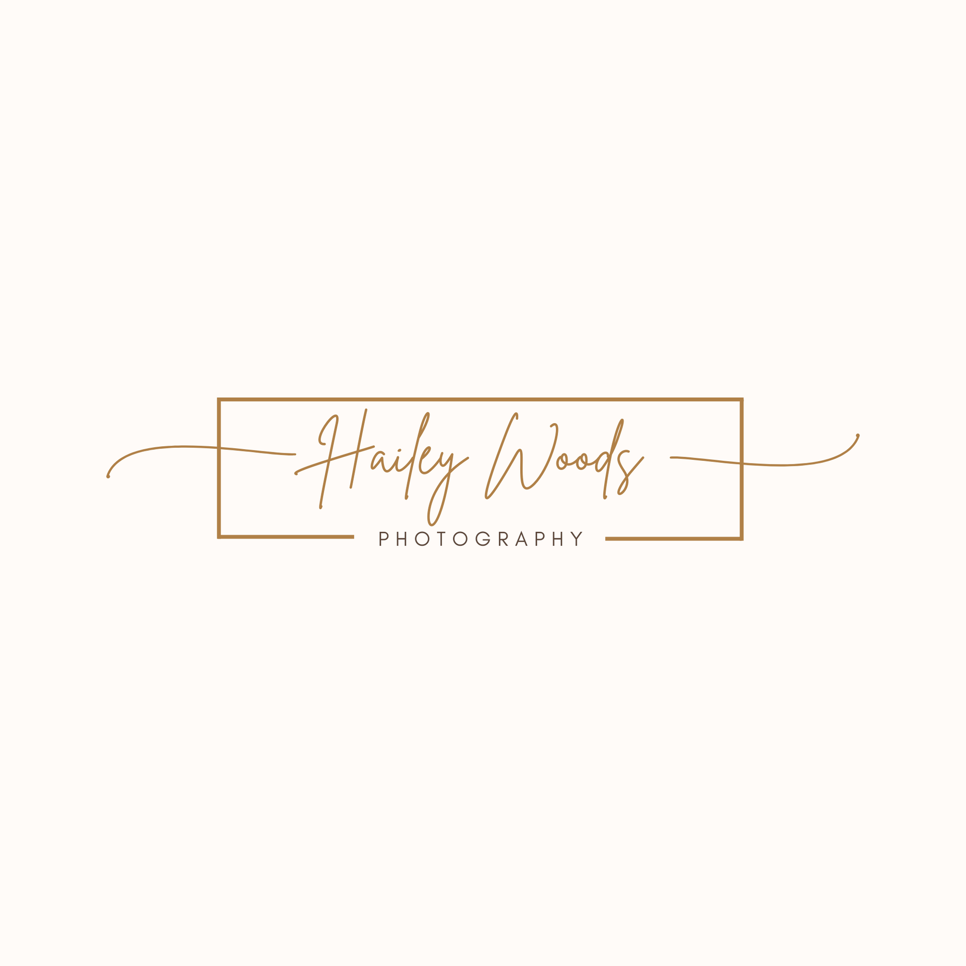 Hairy Woody Photography logo in gold script with thin rectangular frame on a white background